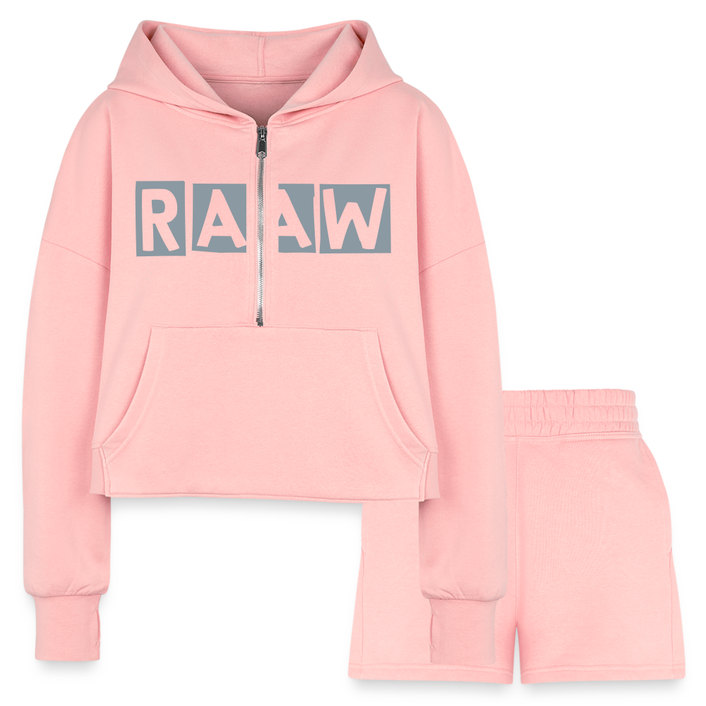 Women’s Raaw Cropped Hoodie & Jogger Short Set - light pink